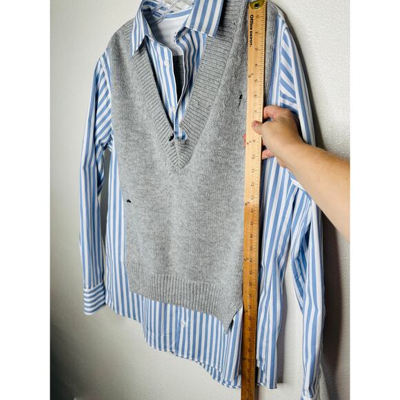 Maison Margiela Distressed Gray Vest Layered Blue & White Stripe Shirt - Picture 16 of 16